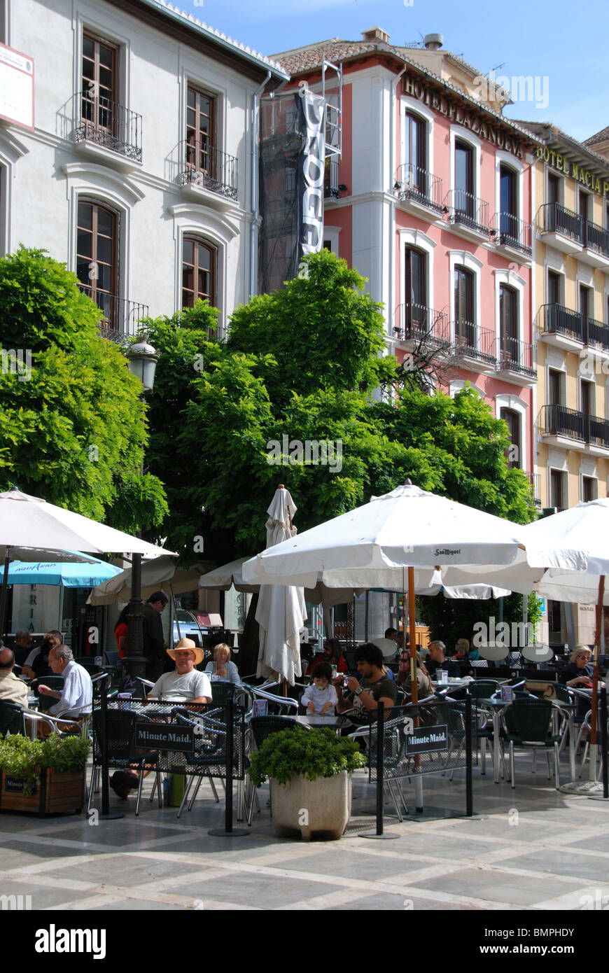 Pavement cafes in the Plaza Nueva, Granada, Granada Province, Andalucia, Spain, Western Europe. Stock Photo