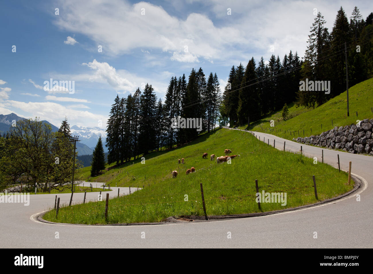 A hairpin bend on the Jaun Pass in Switzerland Stock Photo