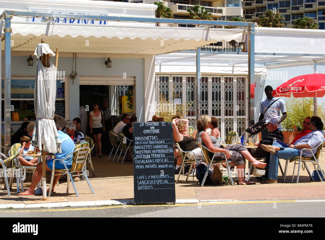 Promenade cafe, Marbella, Costa del Sol, Malaga Province, Andalucia, Spain, Western Europe. Stock Photo