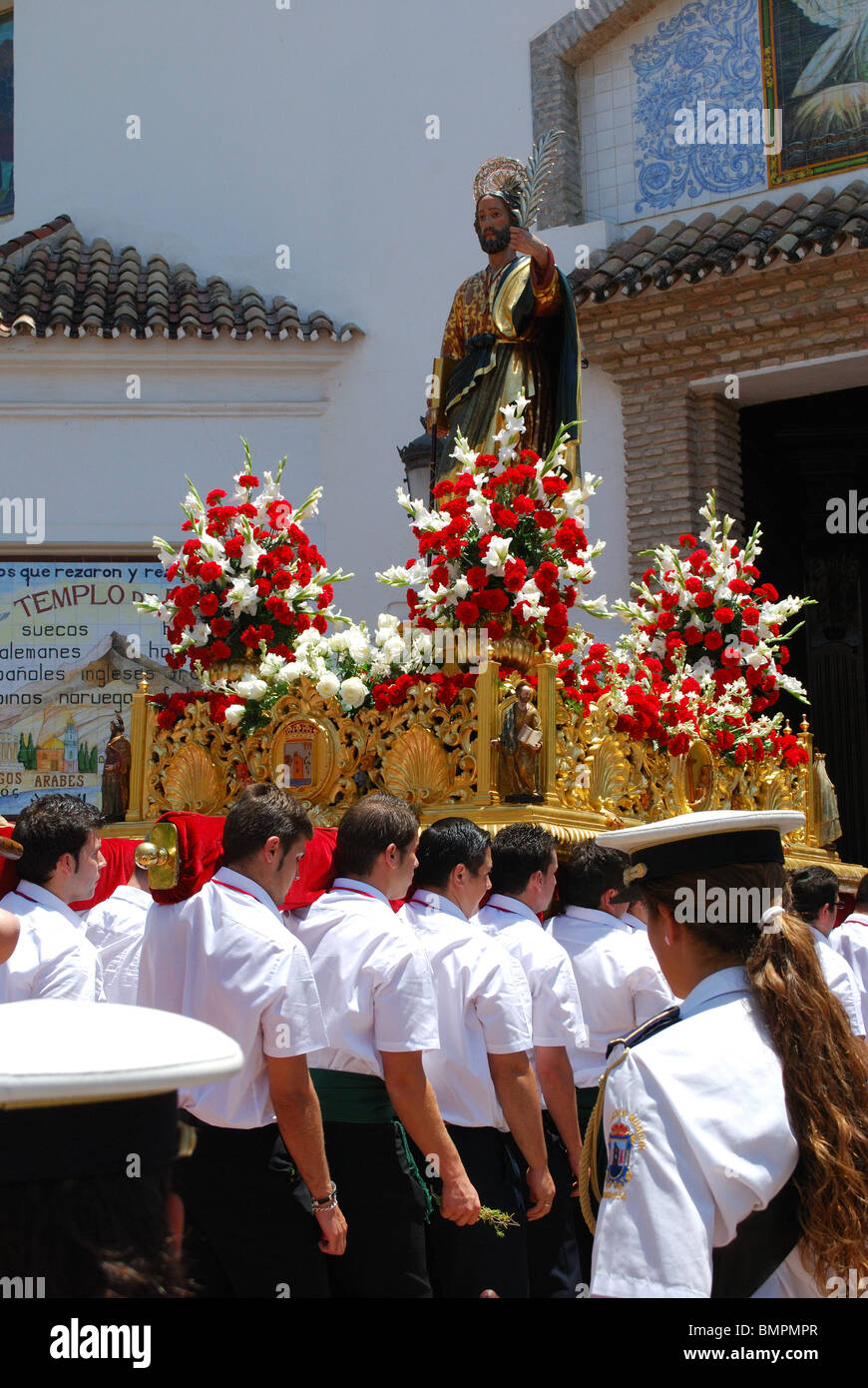 Carrying the float (paso) into the church, Marbella, Costa del Sol