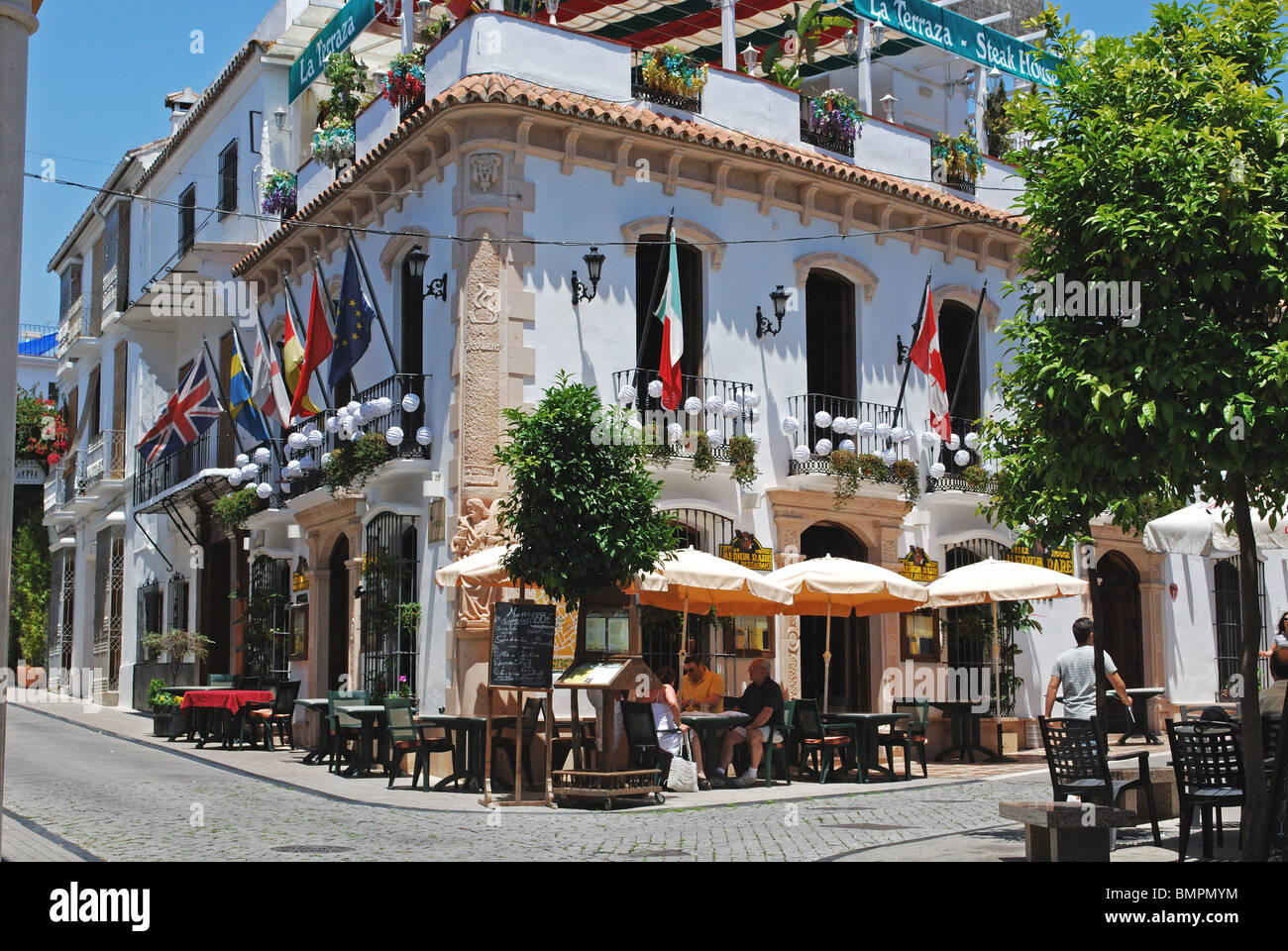 Restaurants, near marina Puerto Banus, Marbella, Costa del Sol, Malaga  province, Andalusia, Spain, Stock Photo, Picture And Rights Managed Image.  Pic. RDC-AD-301878