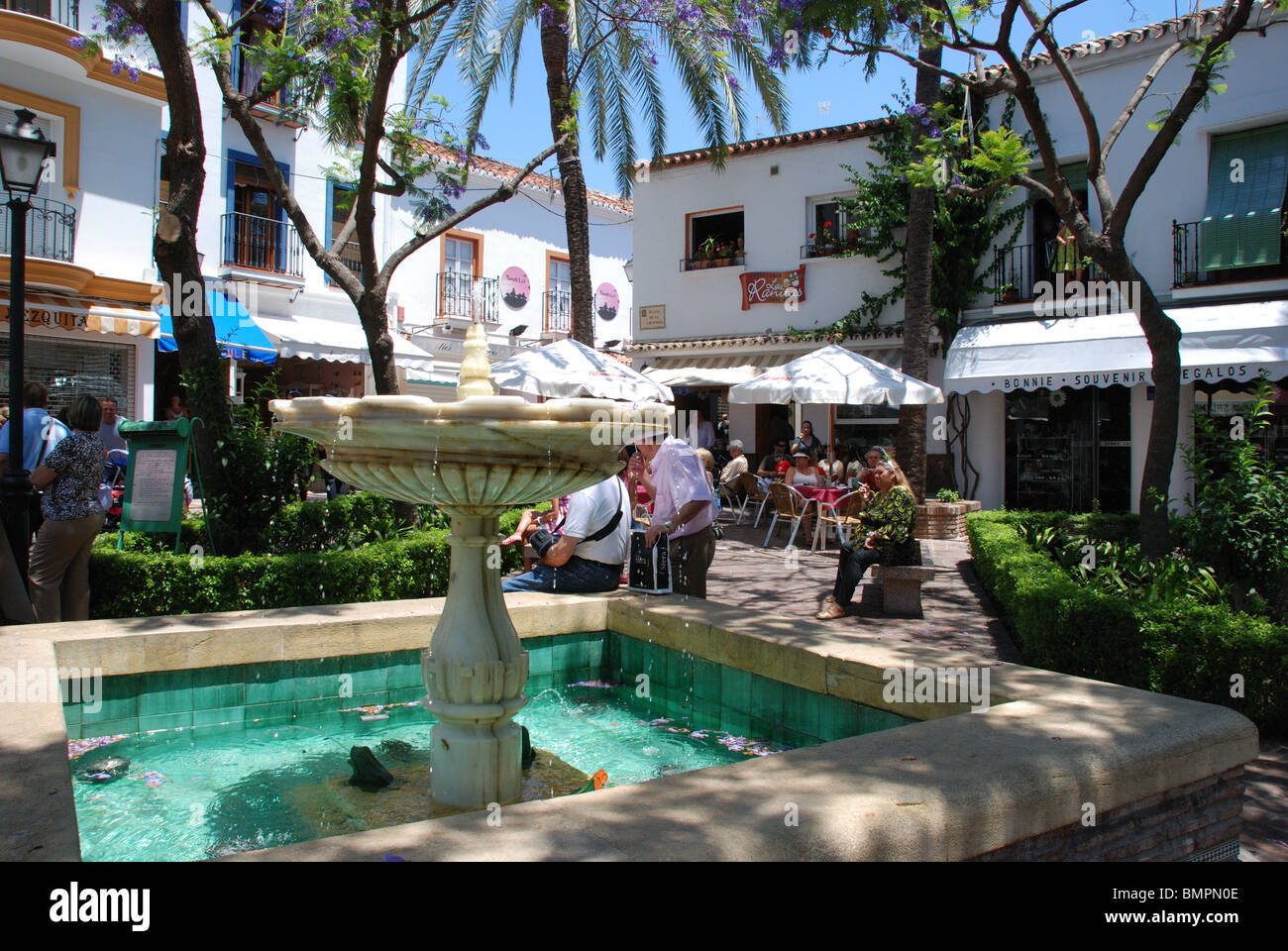 Fountain in the Plaza de la Victoria, Marbella, Costa del Sol, Malaga Province, Andalucia, Spain, Western Europe. Stock Photo