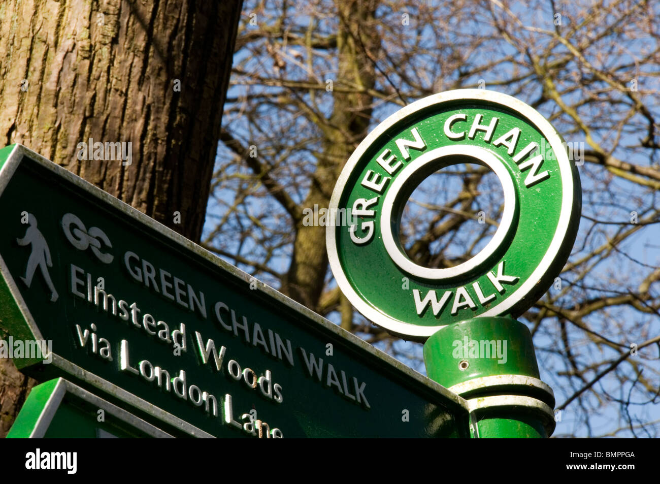 A sign for the Green Chain Walk in Ravensbourne Woods, South London Stock Photo