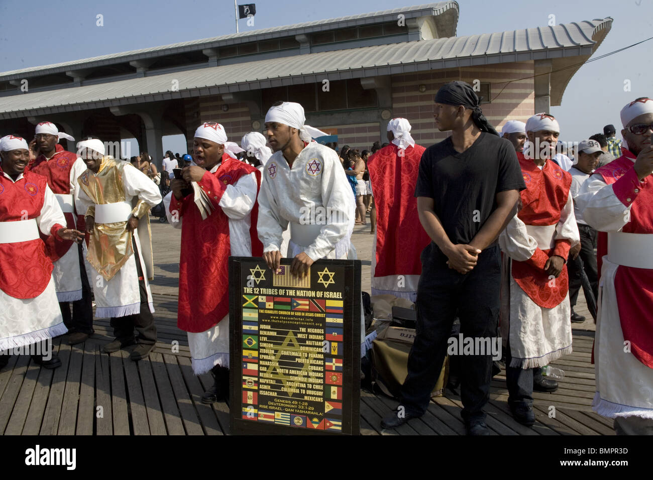 Members of the Israelite Church of God in Jesus Christ preach their Afrocentric   ideology  on the boardwalk at Coney Island. Stock Photo