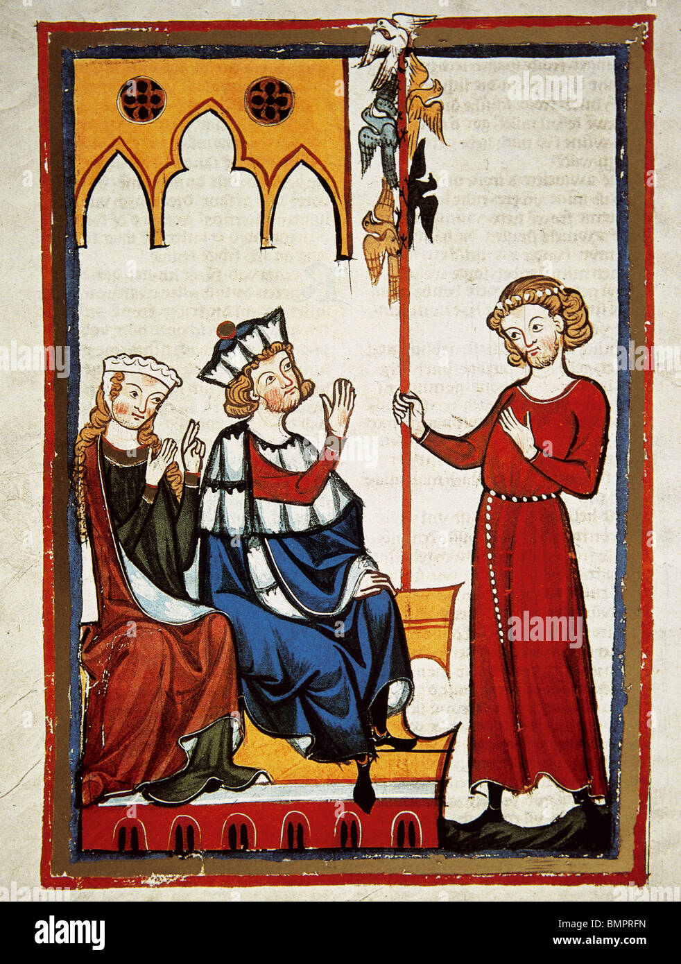 Spervogel, poet of the 12th century, offers his lyrics to the Court. Codex Manesse. Stock Photo