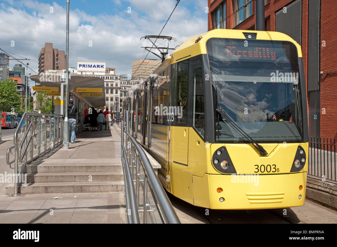 Metrolink tram at Piccadilly Gardens,Manchester,UK. Stock Photo