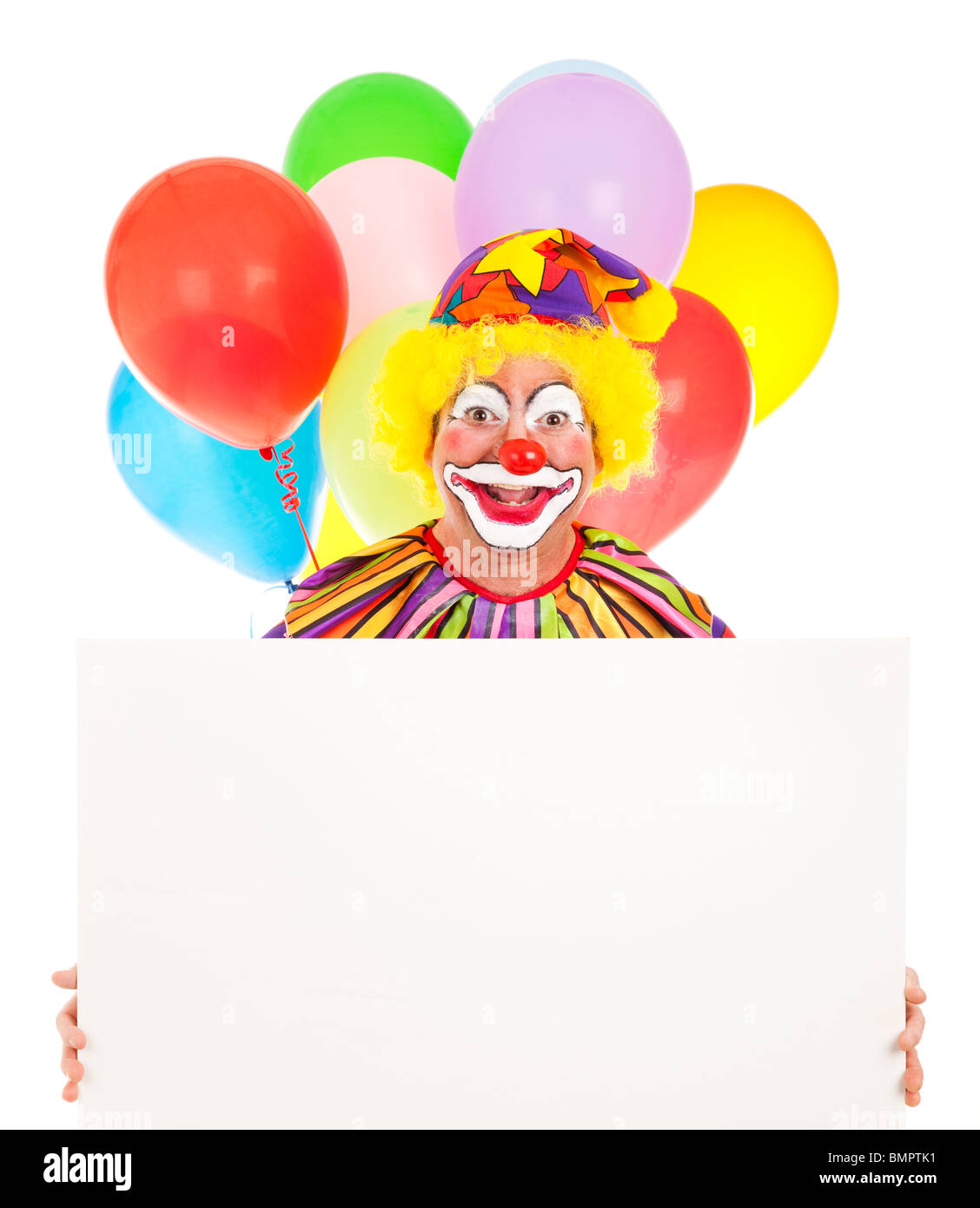 Happy clown holding a blank sign ready for your text. White background ...