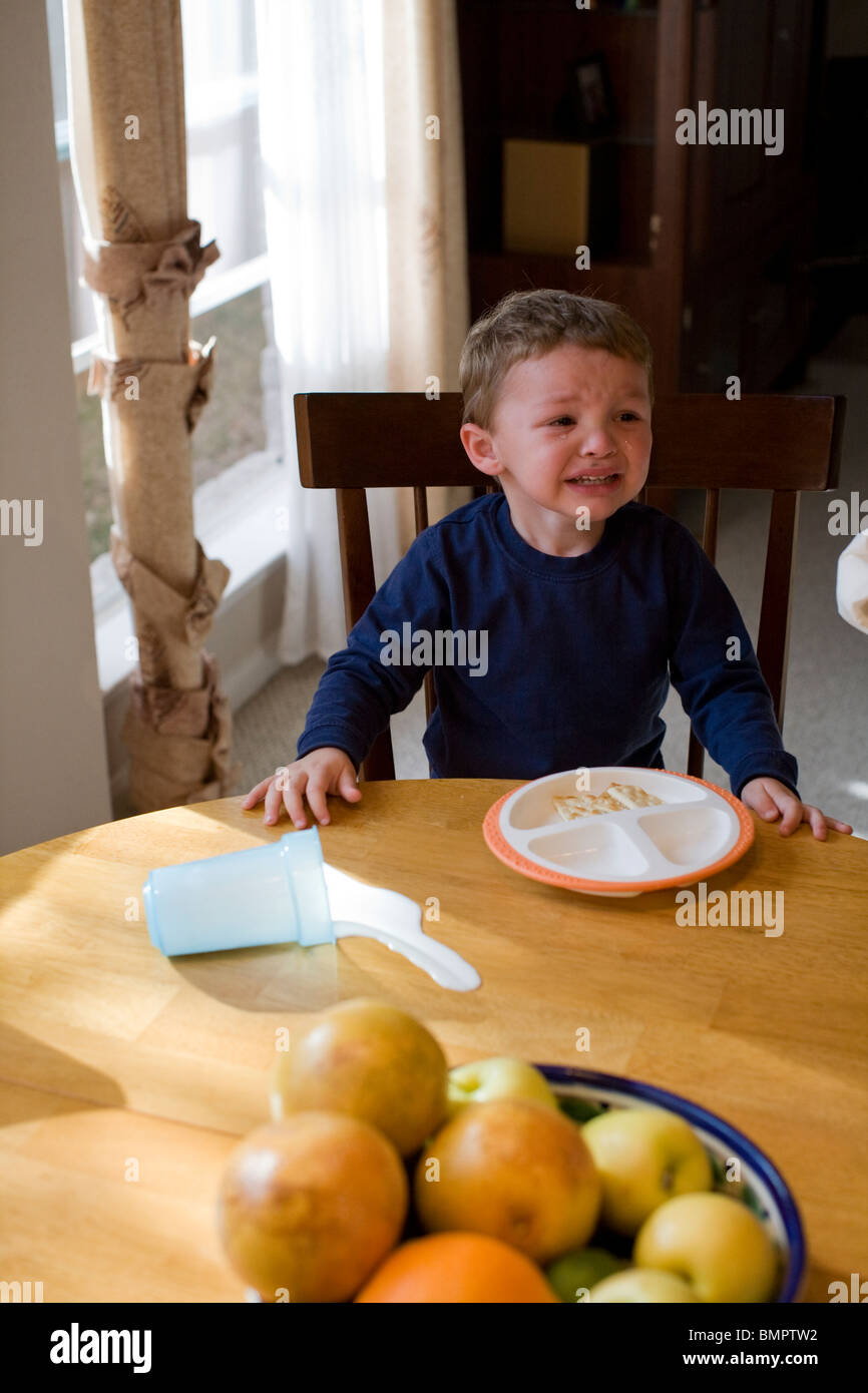 Upset 2 year old after he spills milk on kitchen table during snack time. Stock Photo