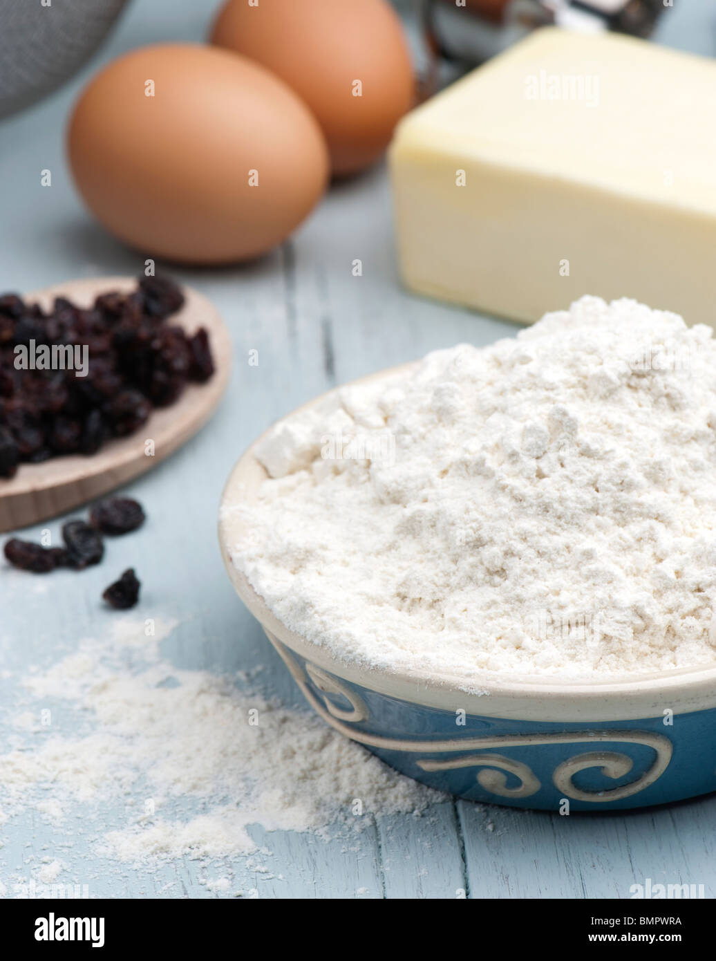 Baking Ingredients On A Wooden Kitchen Table Stock Photo