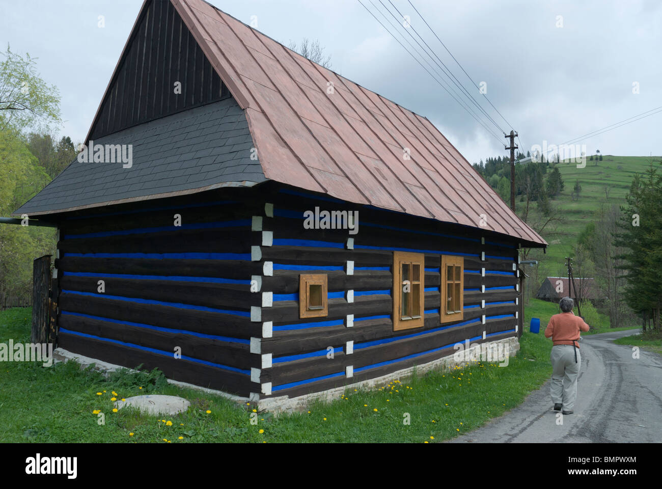 Osturna, Slovakia. Traditional wood house in the town of the Kežmarok District in the Prešov Region of north Slovakia. Stock Photo