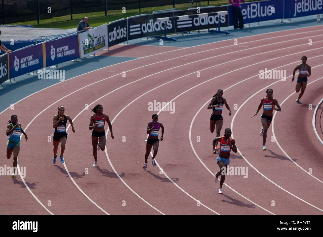 Runners competing in the Women's 400 meters at the New York Grand Prix