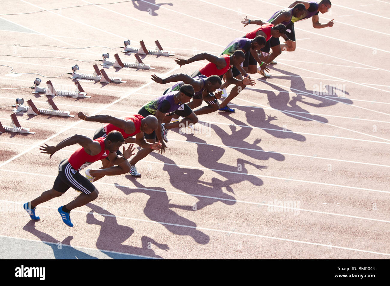 Men's 100 meter start at 2010 NY Grand Prix Diamond League Stock Photo