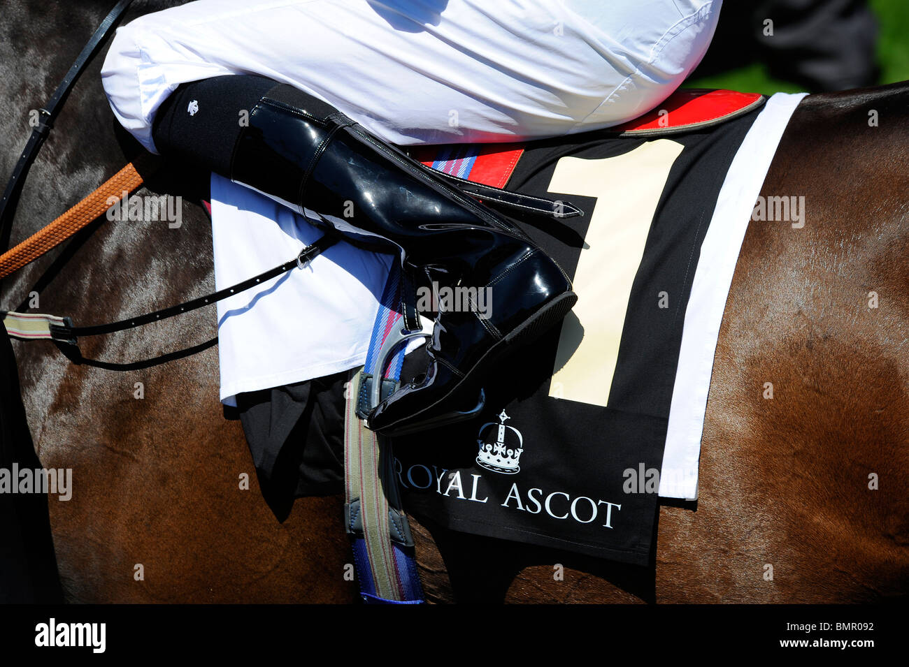 Detail of a jockeys boot and saddle cloth during day two of Royal Ascot 2010 Stock Photo