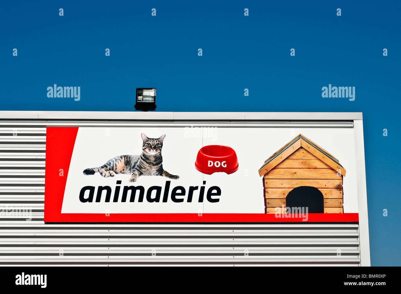 Bricomarché D-I-Y store 'animalerie' supplies advertising sign, France. Stock Photo