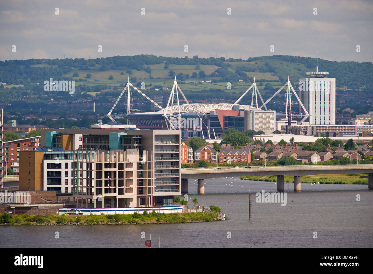 View over Cardiff Bay and city centre showing Millennium Stadium and