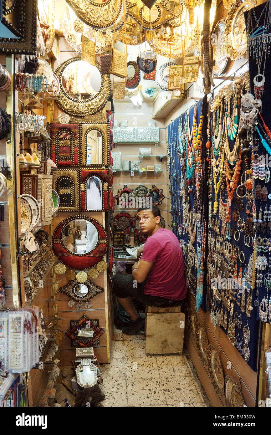 Shop and shopkeeper in the Khan al khalili market, Islamic quarter, Cairo Egypt Stock Photo