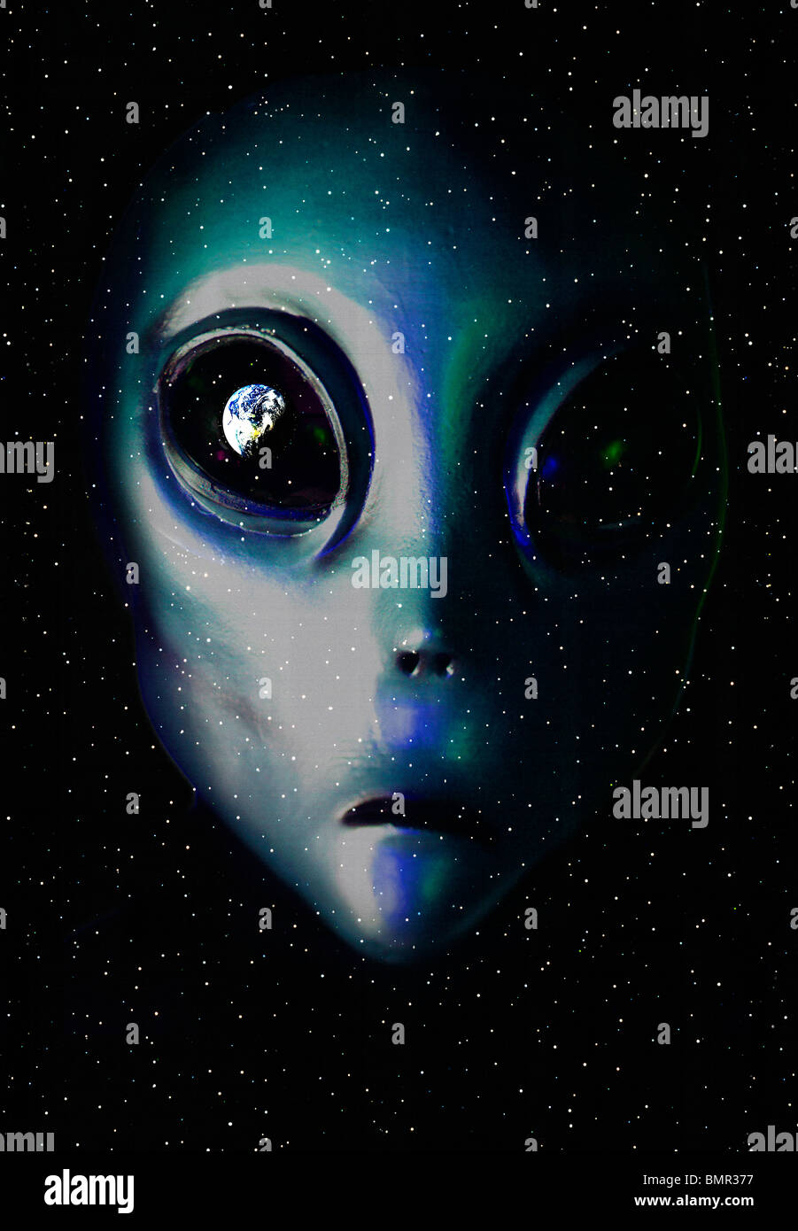 Alien head with Earth in his sight Stock Photo