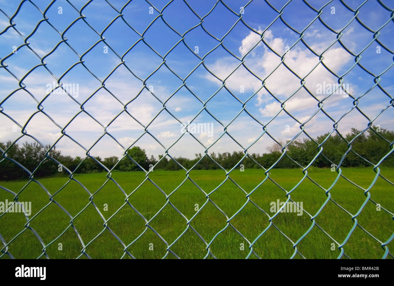 Alberta, Canada; A Chain Link Fence Attached To A Wooden Pole Stock Photo -  Alamy