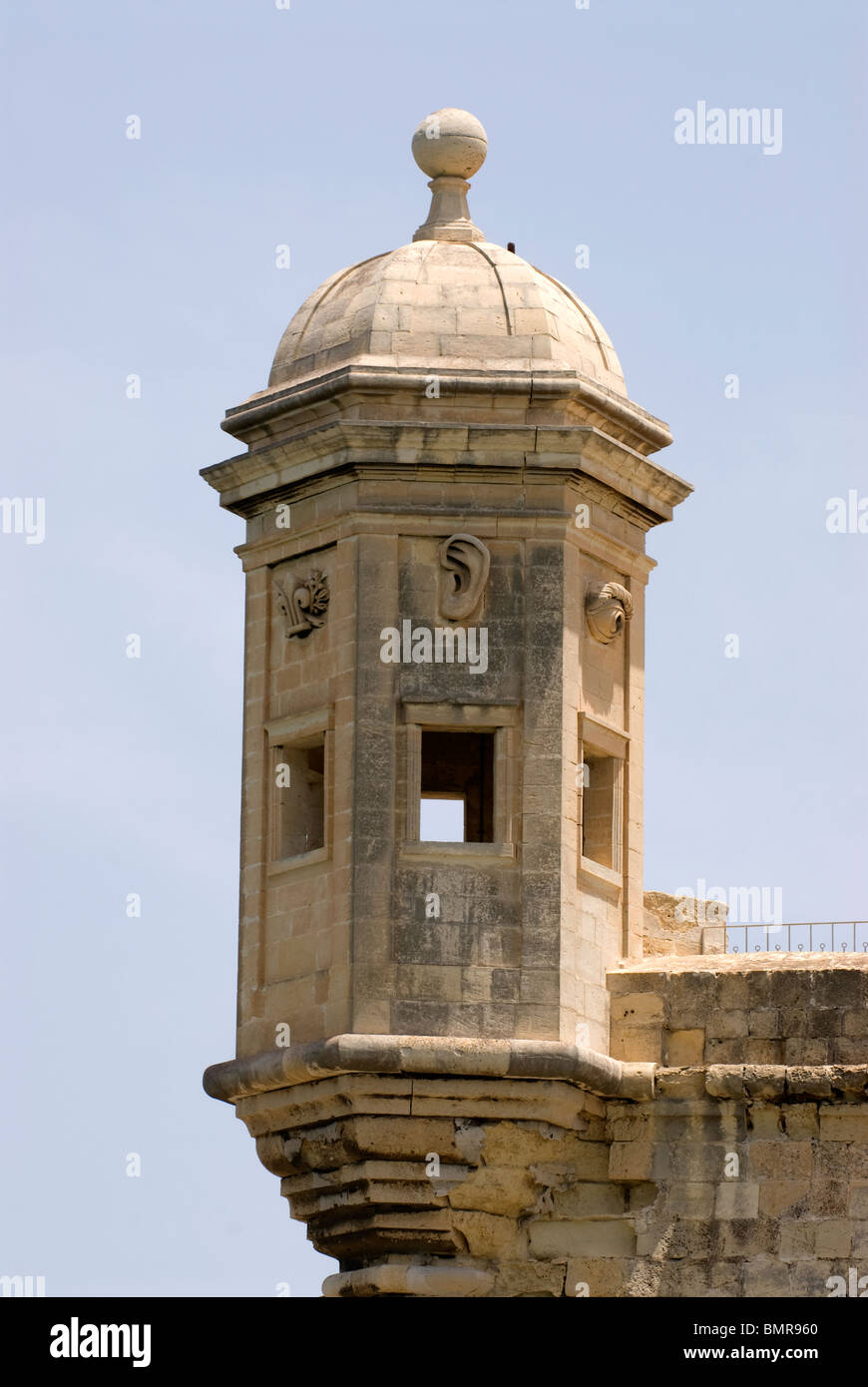 Stone Gardjola overlooking the Grand Harbour, Valletta, Malta. Stock Photo