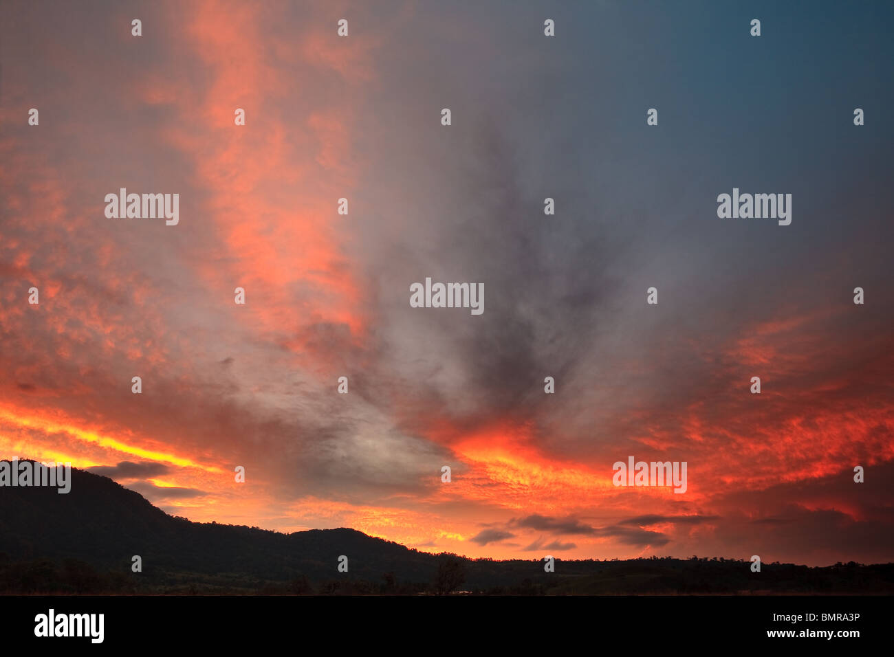 Spectacular colourful skies at dawn at Volcan in the Chiriqui province, Republic of Panama. Stock Photo