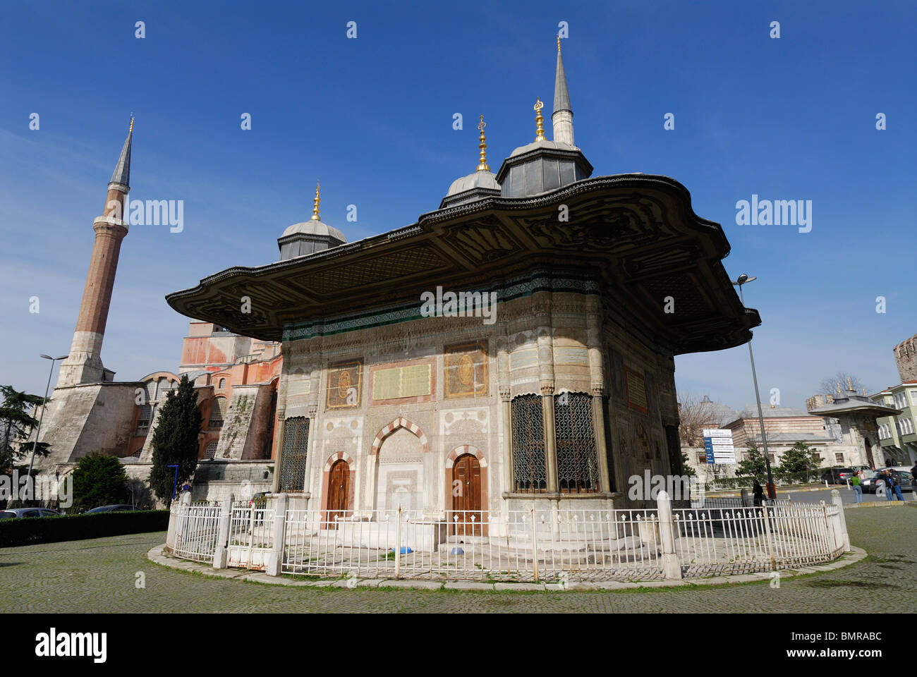 Istanbul. Turkey. Fountain of Ahmet III & Aya Sofya (Haghia Sophia) Stock Photo