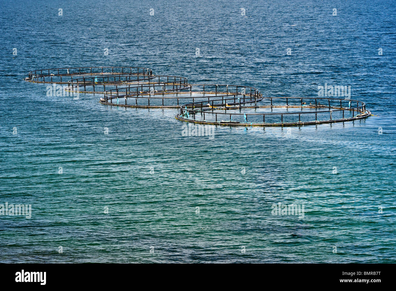 Circular fish-farming tanks. Badcaul, Little  Loch Broom, Ross and Cromarty, Scotland, United Kingdom, Europe. Stock Photo