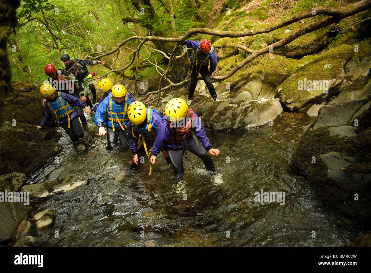 A group of Young children walking in the River Arran near Dolgellau as