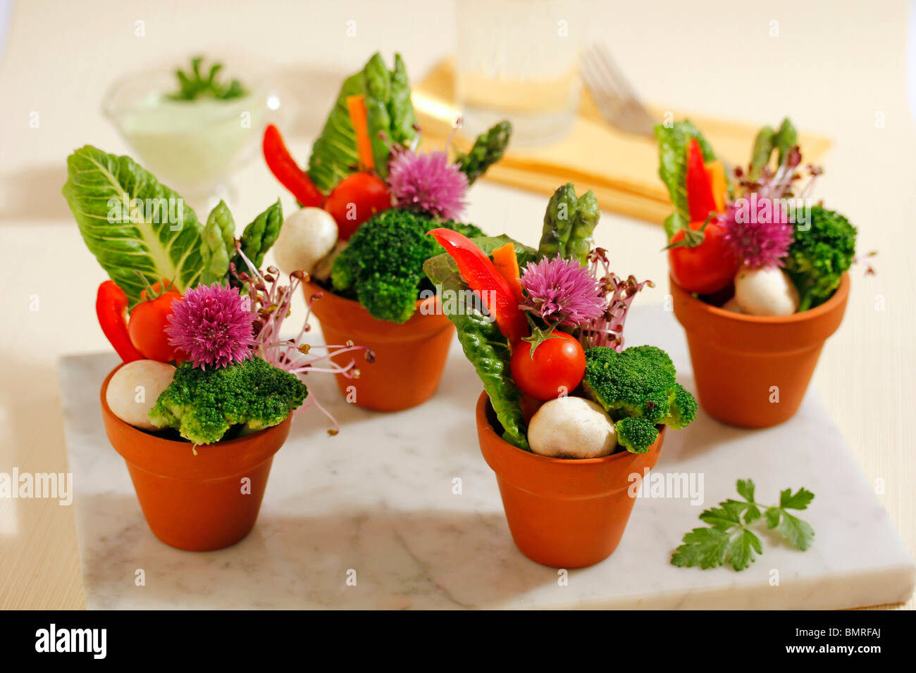 Pots with salad. Recipe available Stock Photo Alamy