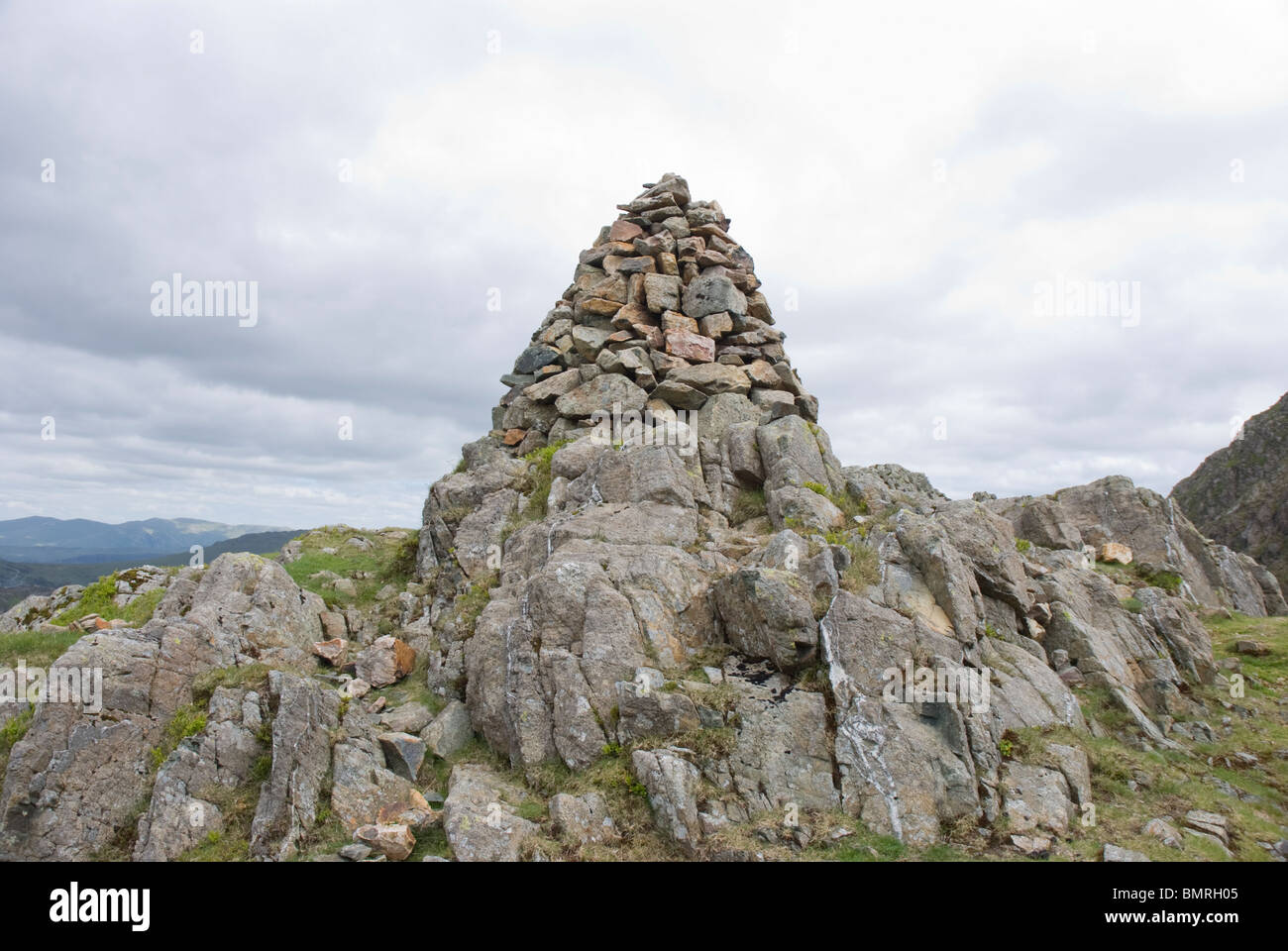Robinson's Cairn and plaque on Lake District fell Pillar. Stock Photo