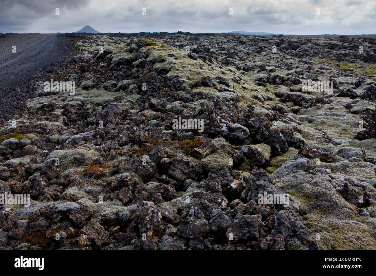 Near Keflavik International Airport on the Reykjanes peninsula, is a dramatic lunar type lava landscape. Stock Photo