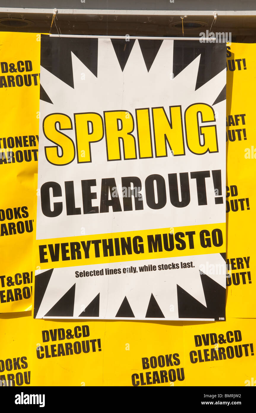A sign advertising a Spring Sale of books , dvds , and cds in a UK shope store Stock Photo
