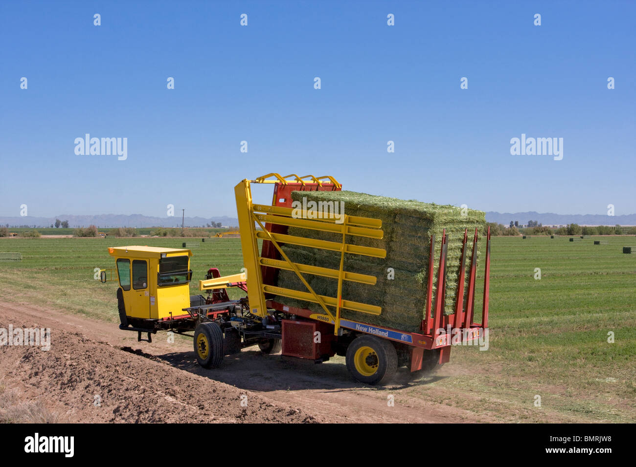 Field stacking machines collect large 1,800 lbs hay bales from an alfalfa field in the Imperial Valley of Southern California. Stock Photo
