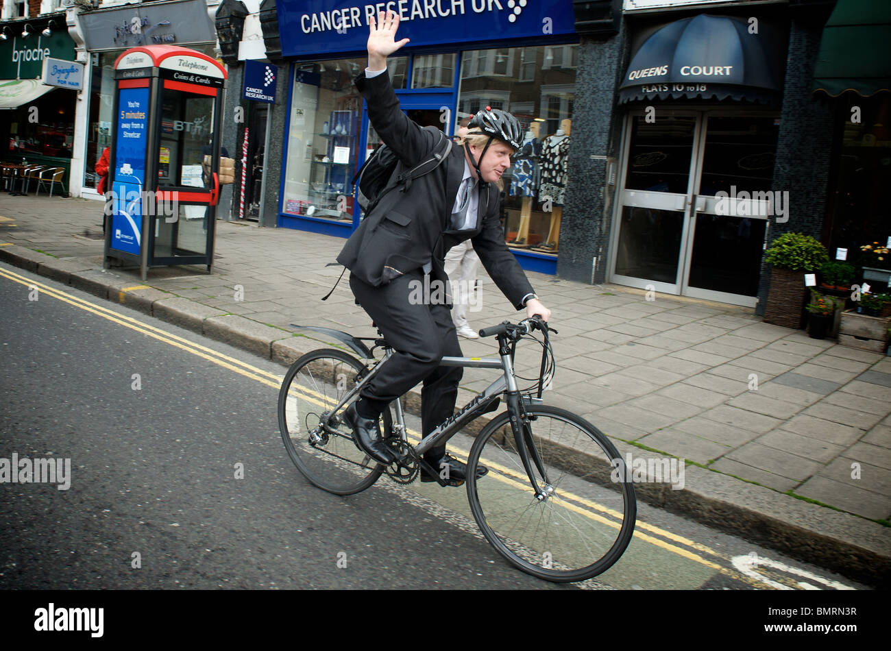 Boris Johnson cycling in west Hampsted after campaign & a public meeting on civil liberties and ID cards in London,on April 2010 Stock Photo