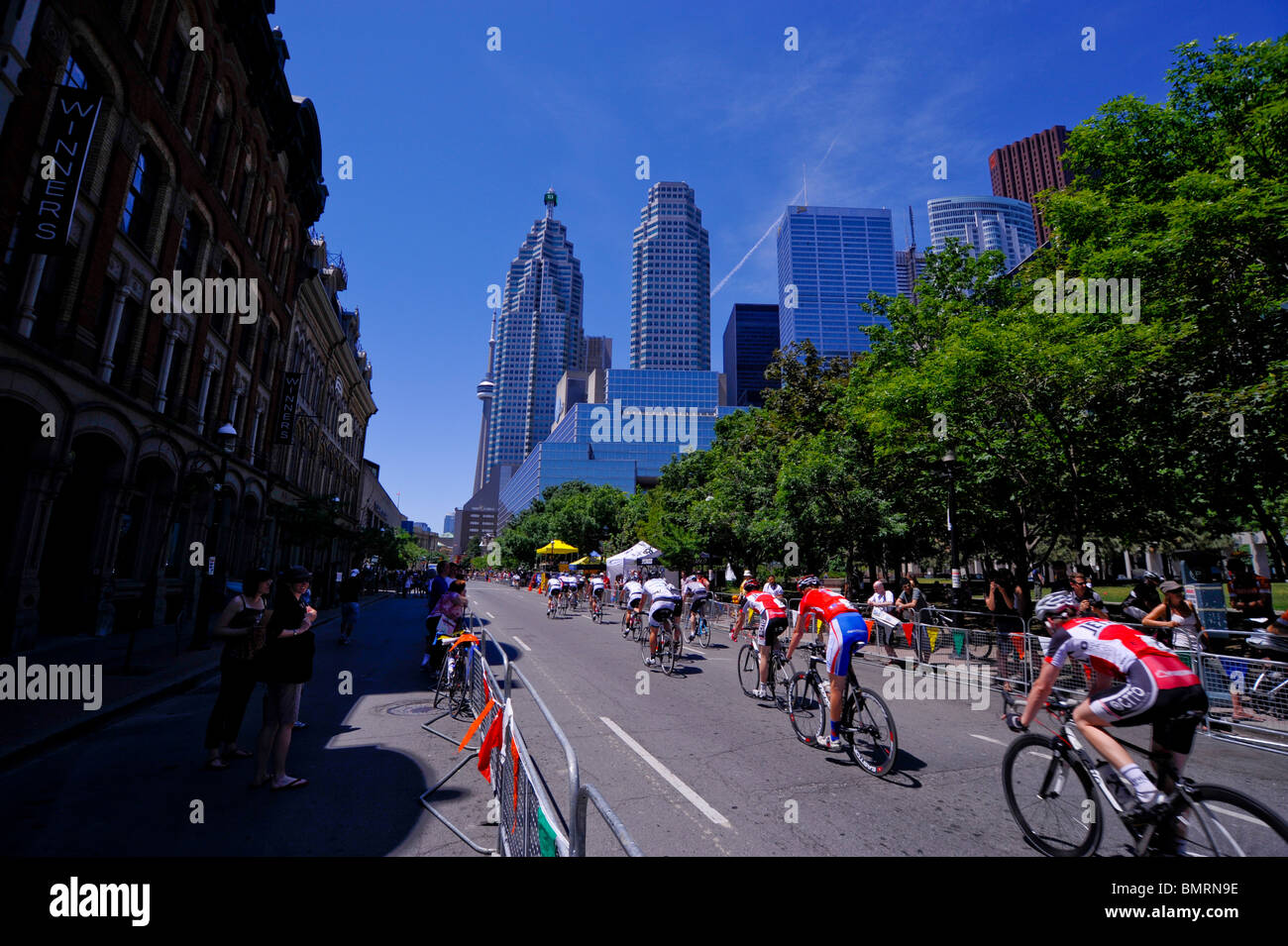 Cyclists compete in the 'ZM Cycle Fitness Toronto Criterium' bicycle race, Toronto, Ontario, Canada. Stock Photo