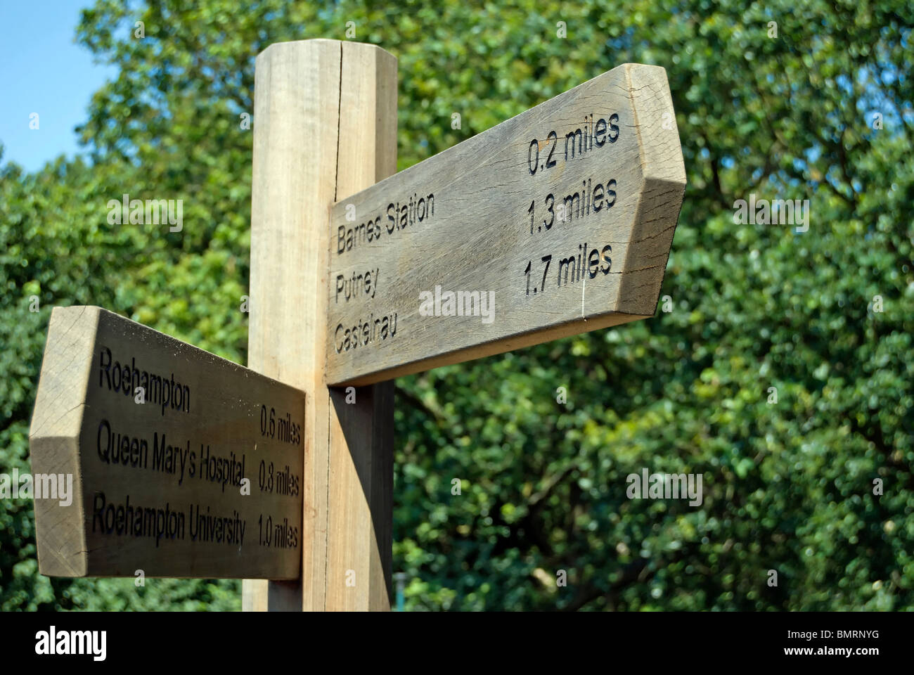 wooden signpost in barnes, southwest london, giving directions and