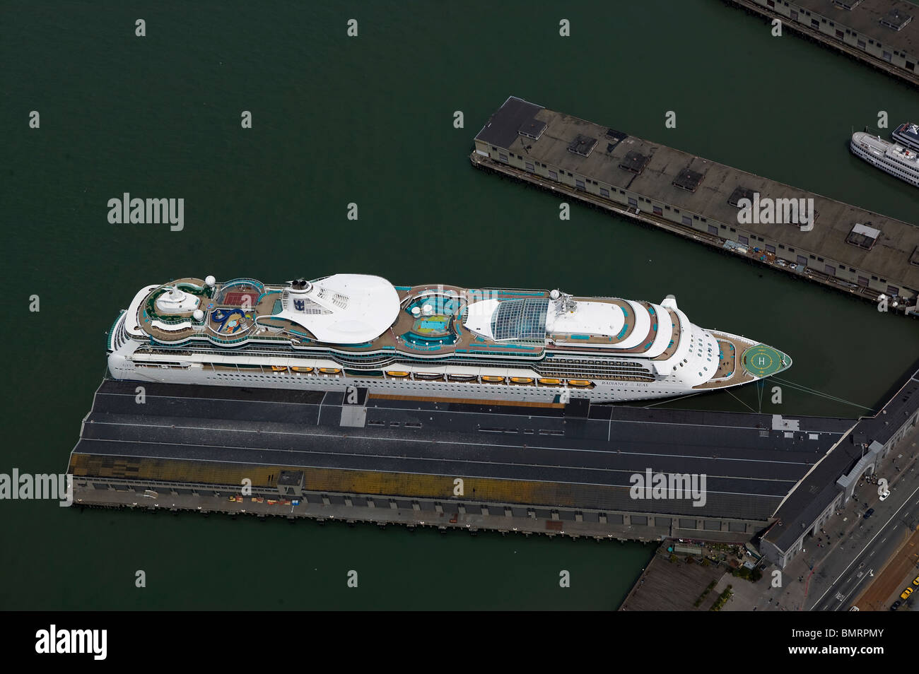 aerial view above Royal Carribbean Radiance of the Seas cruise ship docked San Francisco California Stock Photo