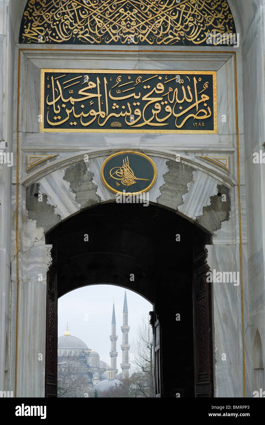 Istanbul. Turkey. Imperial gate of Topkapi Palace & the Blue Mosque. Stock Photo