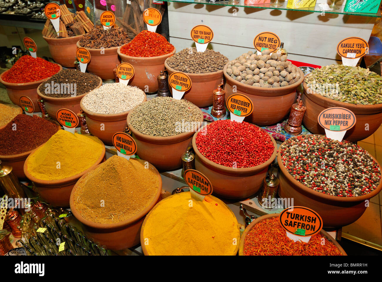 Istanbul. Turkey. Display of spices at the Spice Bazaar aka Egyptian Bazaar. Stock Photo
