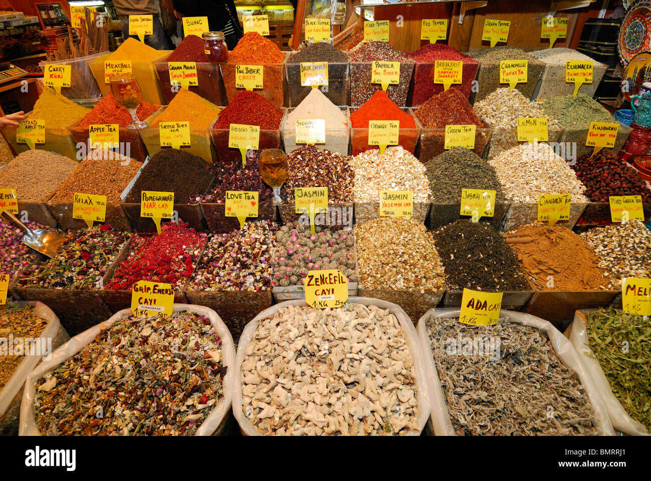 Istanbul. Turkey. Display of various teas & spices at the Spice Bazaar aka Egyptian Bazaar. Stock Photo