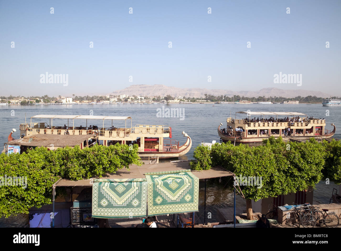A view out over the river Nile  looking from the east bank to the west bank at Luxor, Egypt Stock Photo