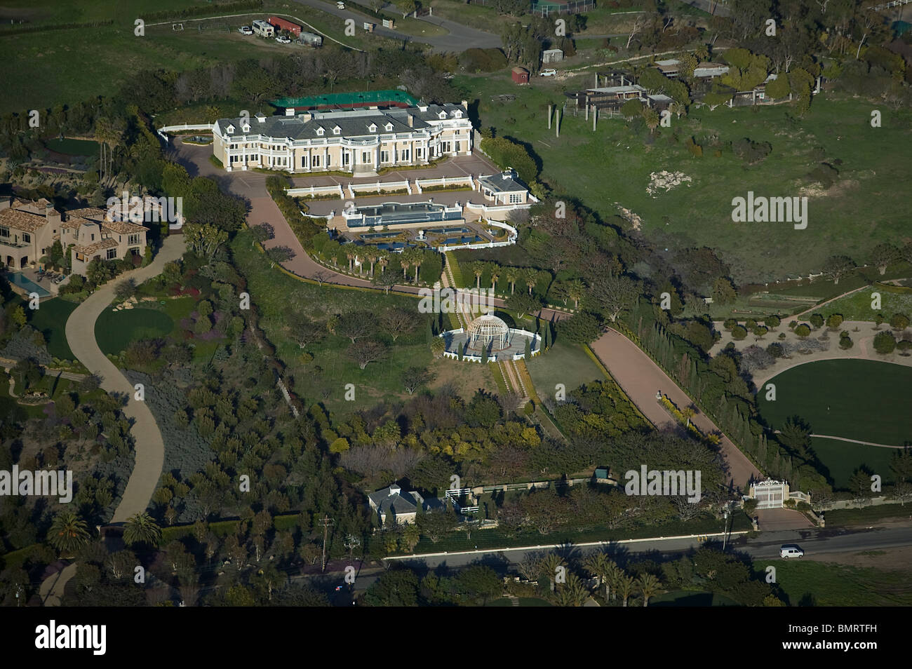 aerial view above southern California villa estate Stock Photo