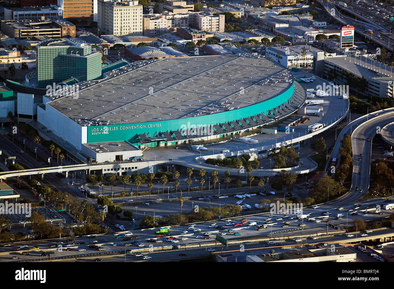 aerial view above Los Angeles Convention Center Staples Center downtown afternoon rush hour traffic Stock Photo