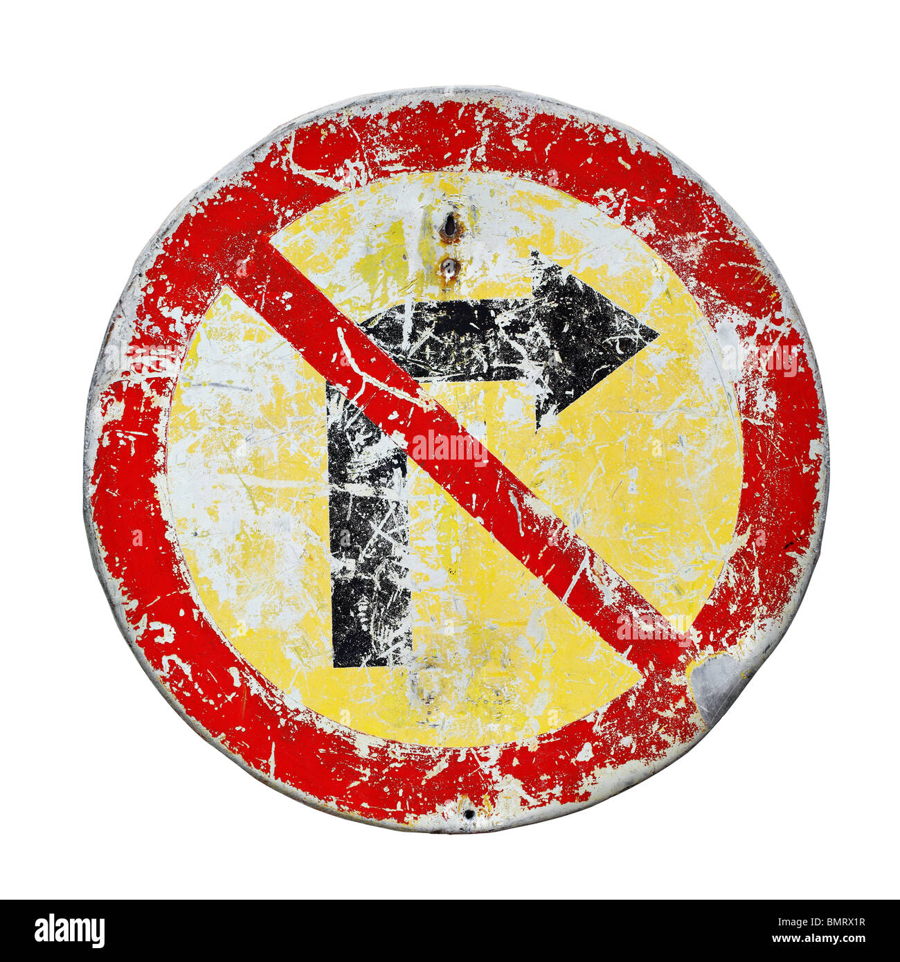 Old scratched no right turn road sign Stock Photo