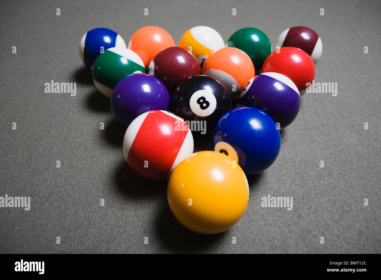 Pool Balls On A Billiard Table With The Eight Ball Facing Upwards Stock Photo