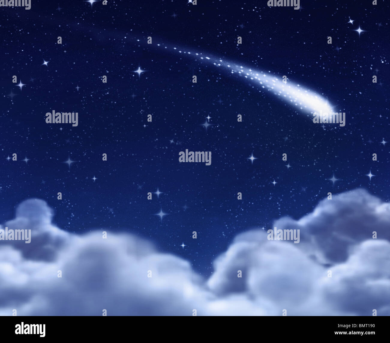 shooting star in space through the clouds Stock Photo Alamy