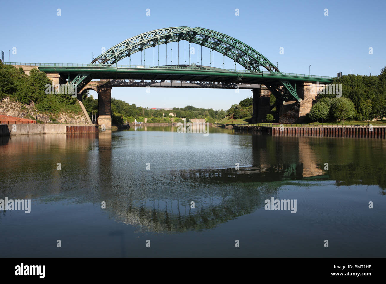 Wearmouth road and railway bridges over the river Wear seen from the east. Sunderland, England. Stock Photo