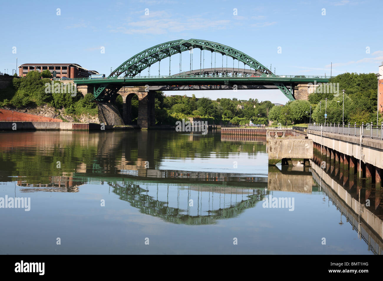 Wearmouth road and railway bridges over the river Wear seen from the north east. Sunderland, England. Stock Photo