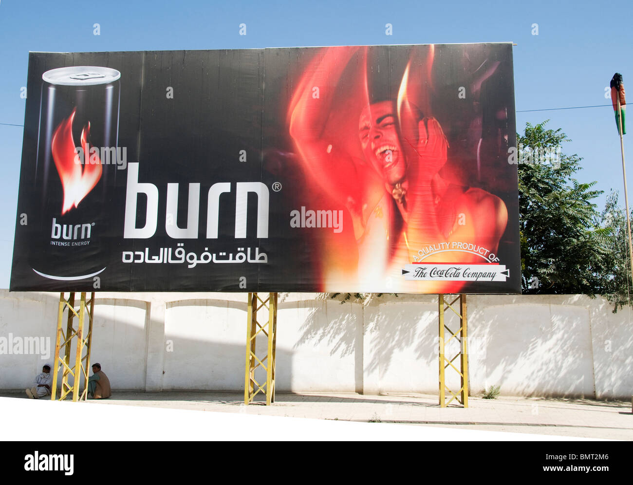 Balkh province Afghanistan. Mazar. Billboard advertising Burn, a high energy drink Stock Photo