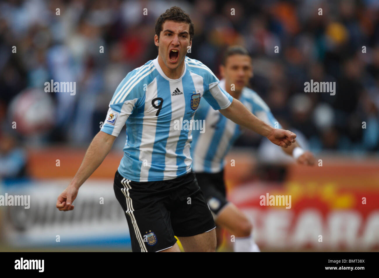 Gonzalo Higuain of Argentina celebrates after scoring a goal against South Korea during a 2010 FIFA World Cup football match. Stock Photo