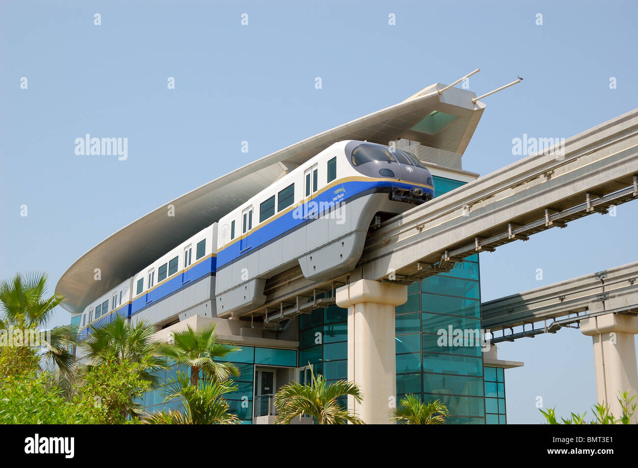 The Palm Jumeirah monorail station and train, Dubai, United Arab Emirates Stock Photo